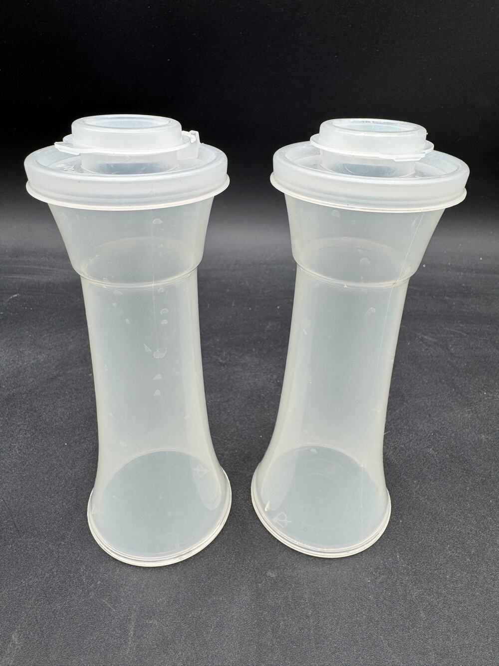 Tupperware #718-21 Salt and Pepper Clear with Clear Lids Rep Sample NOS